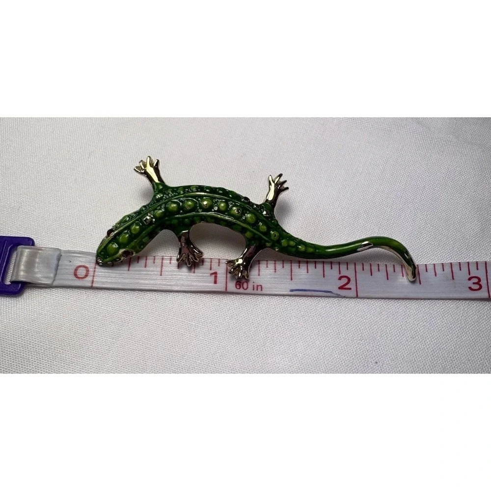 Vintage 80s Green Enamel Lizard Gecko Brooch Pin Set 2pc Mother Baby Reptile